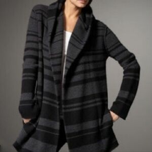 VINCE Sophie Gray Black Striped Yak Wool Blend Knit Open Front Hooded Cardigan S